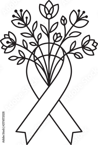 Awareness ribbon with floral bouquet line art illustration for cancer support design.
