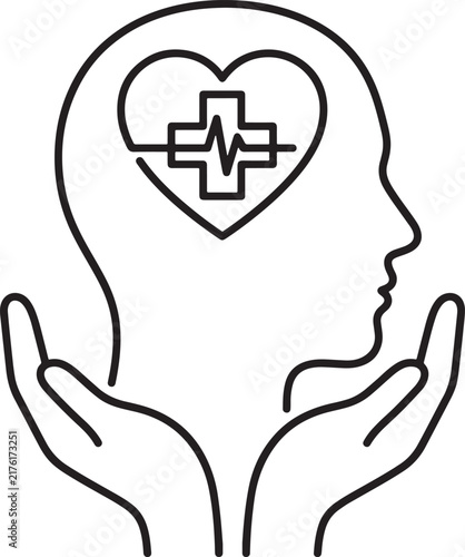 Human head silhouette with heart and medical cross icon held in protective hands