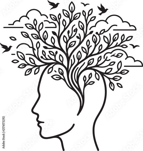 Human head silhouette with tree branches and birds, mental health and nature concept art.