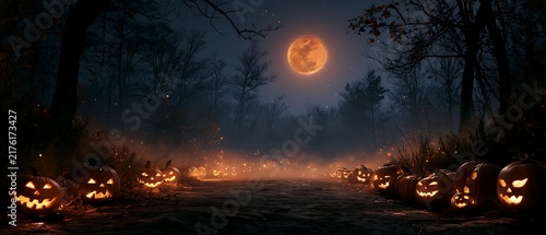 Glowing carved pumpkins illuminate a mysterious forest under full moon light