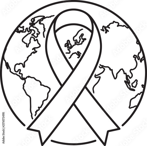 Awareness ribbon icon with world map globe illustration for global health and charity support