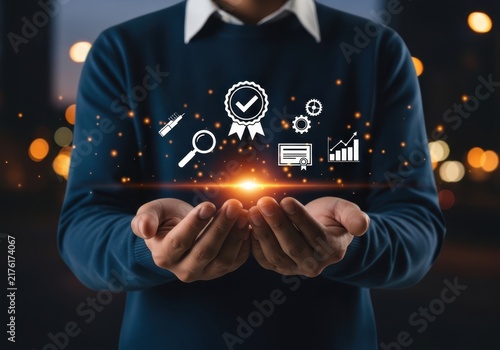 Businessman holding quality assurance and business growth icons