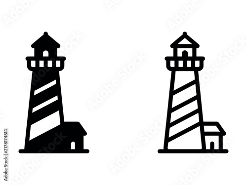 Two lighthouse icons featuring a solid silhouette and a linear outline design style isolated on white