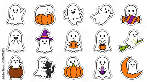 Ghost stickers set on with stickers halloween collection cauldron isolated illustration on transparent background