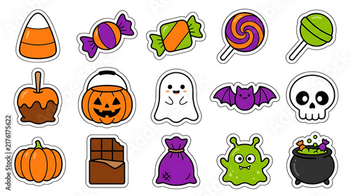 Halloween stickers collection featuring candy pumpkin ghost bat skull on, halloween, lollipop on transparent background