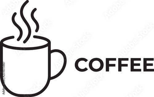 Minimalist coffee cup icon with steam and text label for cafe branding and menu design