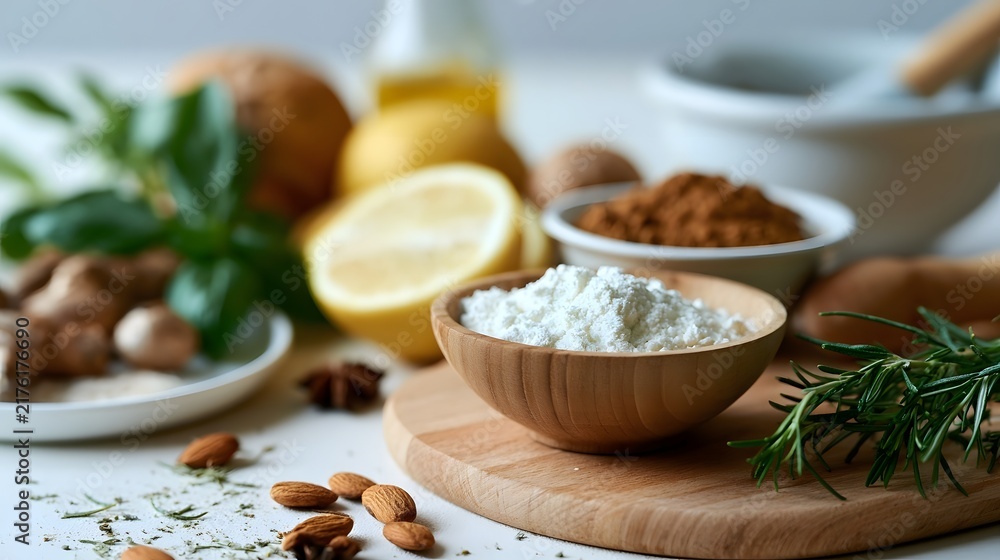 Obraz premium Fresh culinary ingredients including herbs spices nuts and powders arranged on a wooden board for cooking or baking