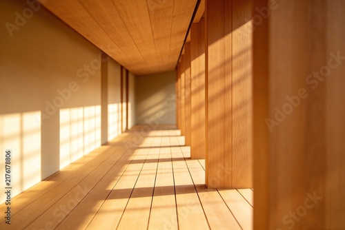 Minimalist Japanese Engawa Porch, Warm Wooden Floor with Grid Shadows