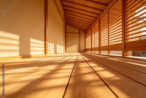 Minimalist Japanese Engawa Porch, Warm Wooden Floor with Grid Shadows