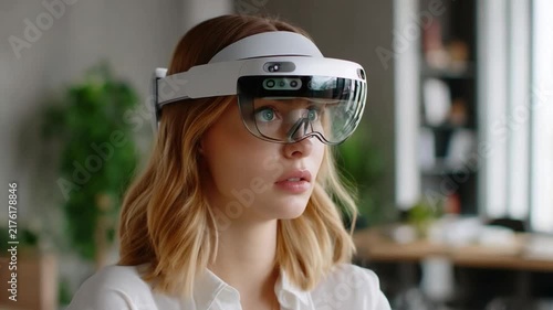 Future Vision: A young woman, engrossed and amazed, wears a futuristic augmented reality headset, peering into a world of digital possibilities and technological advancement.