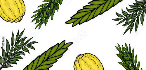 Sukkot holiday banner vector illustration with etrog citron fruit, lulav palm branch, willow and myrtle leaves