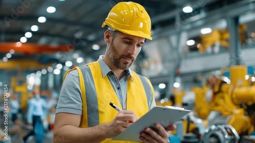 Industrial Inspection: A focused male worker wearing a yellow hard hat and hi-vis vest diligently inspects a manufacturing facility, clipboard in hand.