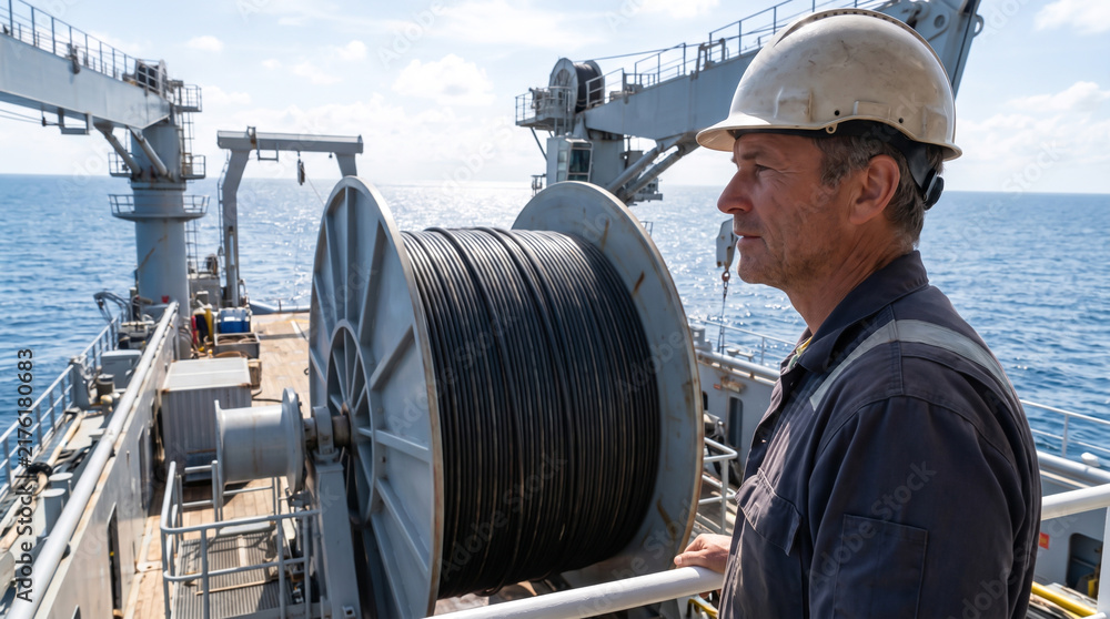Fototapeta premium Experienced Sailor in Hard Hat on Deck with Large Cable Spool
