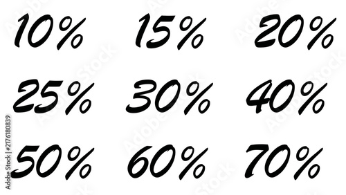 Set of black discount percentage numbers from 10% to 70% on a transparent PNG background. Italic typographic tags for retail sales, special promotions, clearance offers, and shopping deals.