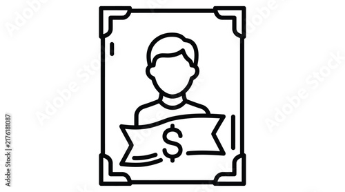 Wanted poster icon with a person and dollar sign outlined style
