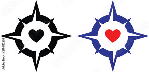 Vector illustration of Nautical compass rose with heart center, maritime navigation wind rose vector icons, blue and black travel symbols for love and adventure isolated on Transparent Background