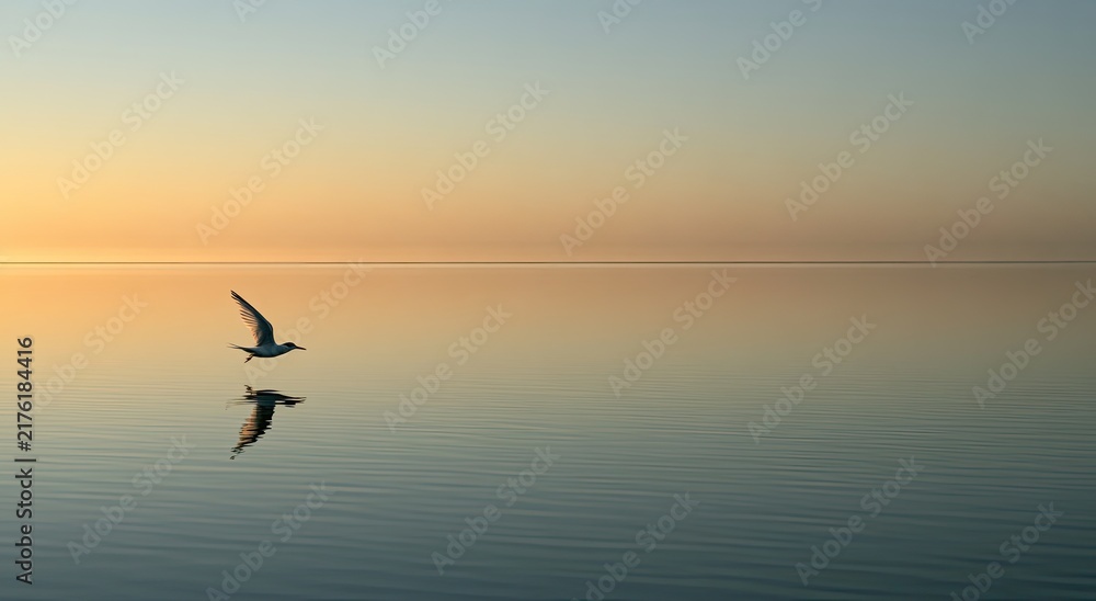 Fototapeta premium Serene horizon with a solitary bird soaring over calm water at sunset