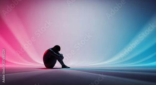 A dark-skinned silhouette sits curled within a vast, empty void, capturing deep mental exhaustion and a heavy sense of silent isolation, cinematic, atmosphere, dark skin