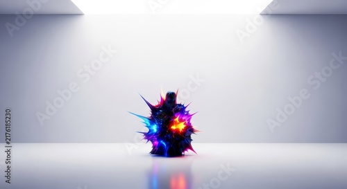 A solitary dark form stands centered within a stark, vast white minimalist chamber, conveying a feeling of being deeply overwhelmed, stationary, shadow, indoor
