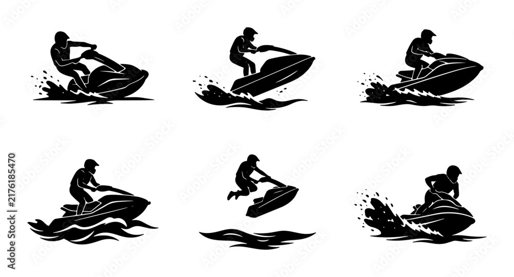 Fototapeta premium Jet Ski Silhouette Collection, Water Sports Action Icons, Personal Watercraft Vector Graphics, Dynamic Summer Recreation Set