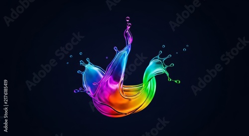Vibrant abstract splash of neon liquid suspended in midair against a dark background, capturing dynamic energy and sharp liquid textures, dark, artistic, neon