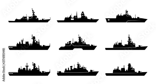 Foto Modern Warships Silhouettes Collection, Navy Battleship Vector Icons, Military V