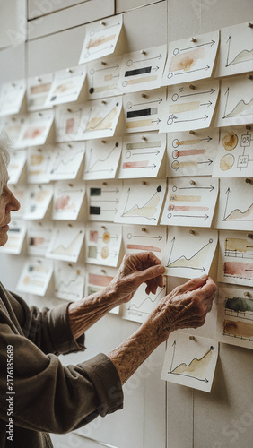 Woman pins paper sketches containing line graphs onto a large white wall board using small metal thumbtacks in an indoor studio environment with soft side lighting.