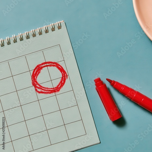 Calendar with important date circled in red marker on blue background with planning concept