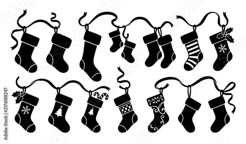 Christmas Stocking Icon Set with Black Silhouette Hanging Socks and String Shapes for Holiday, Winter, and Festive Designs