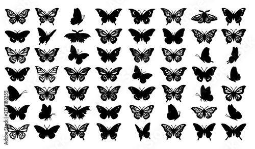 Butterfly Vector Icon Set with Black Silhouette Insect Shapes for Nature, Spring, Tattoo, and Decorative Pattern Designs