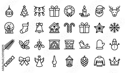 Christmas Icon Set with Black Line Art Symbols Including Santa, Gift, Angel, Sweater, and Winter Holiday Elements