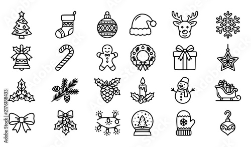 Christmas Icon Set with Black Line Art Symbols Including Reindeer, Stocking, Gingerbread, Snowman, and Winter Holiday Elements