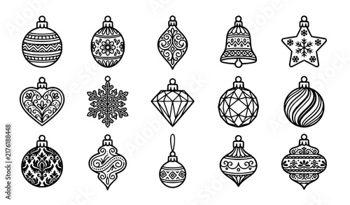 Christmas Ornament Icon Set with Black Line Art Baubles, Bell, Star, and Snowflake Shapes for Holiday Decoration Designs