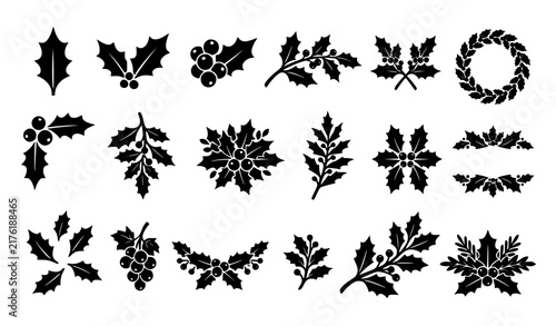 Christmas Holly Leaf Icon Set with Black Silhouette Berries, Branches, and Wreath Shapes for Winter Holiday Decoration Designs