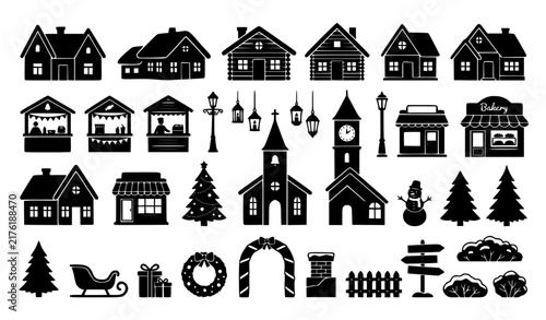 Christmas Village Icon Set with Black Silhouette House, Church, Snowman, and Winter Holiday Town Elements for Festive Designs