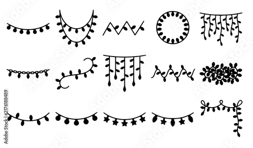 Garland String Light Icon Set with Black Doodle Bunting Shapes for Party, Holiday, Wedding, and Festive Decoration Designs