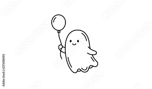 Smiling Ghost Character Floating with Balloon Doodle Line Icon for Halloween, Kids Illustration, and Cute Spooky Cartoon Designs