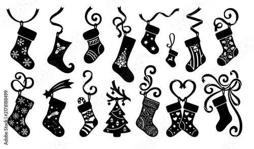 Christmas Stocking Icon Set with Black Silhouette Doodle Shapes for Holiday, Winter, Xmas Decorations, and Festive Graphic Designs