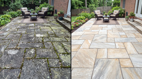 Before and after pressure washing showing dirty and clean patio paving