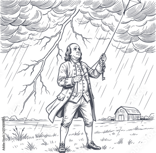 benjamin franklin flying a kite in thunderstorm historic drawing with dark navy fill strokes and no white negative spaces