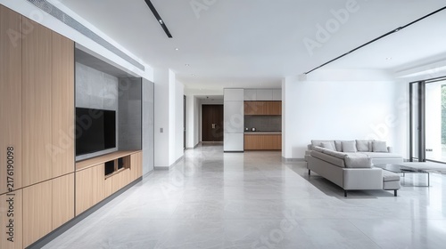 Modern living room with kitchen and entertainment unit