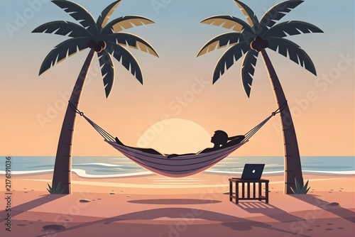 Silhouette of digital nomad relaxing in hammock between palm trees on tropical beach at sunset with laptop on table nearby.