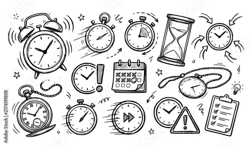 Foto Set of hand drawn time and schedule icons including clocks hourglasses calendars