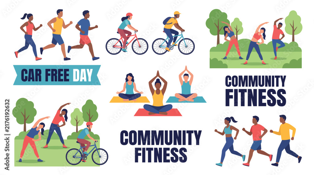 Fototapeta premium Community fitness and car free day activities with people exercising and cycling together