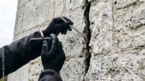 Engineer uses digital camera and metal crack gauge to inspect structural damage of stones.