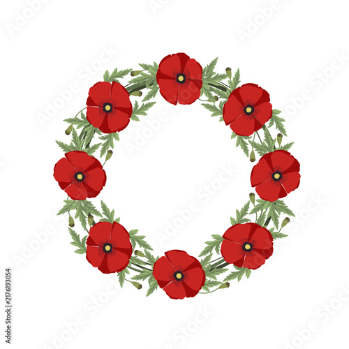Beautiful vector illustration of a round wreath of bright red poppy flowers isolated on a pure white background. Elegant floral frame with small unopened green buds and lush green leaves. Perfect for 