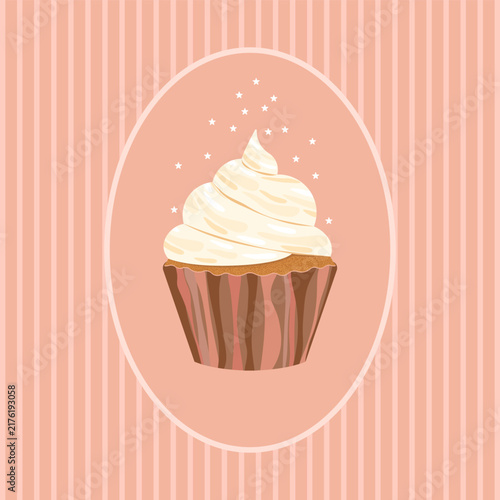 Vector illustration of a delicious sweet cupcake placed inside an oval frame. The batter has a rich swirl of whipped vanilla cream, placed in a striped brown paper baking cup. Set against a soft paste