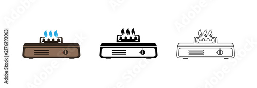 Vector icon set of portable gas stoves with burning flames isolated on a pure white background. Three different graphic variations of a single burner camping stove featuring a colored version with blu