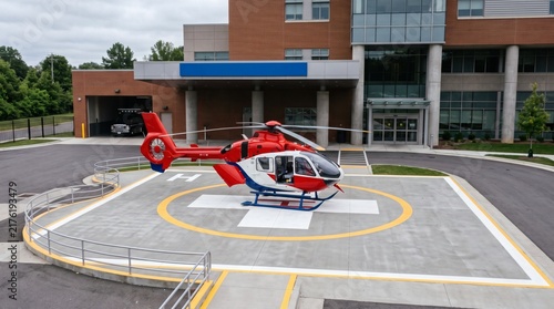 Red and white helicopter lands on helipad in front of modern hospital building with ambulance visible