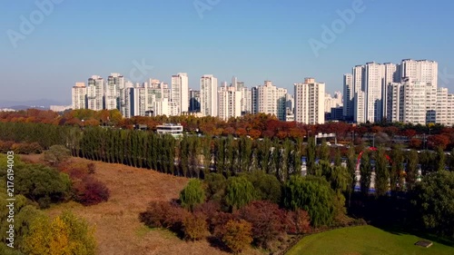 Modern city skyline rises beyond colorful autumn park with dense trees and high-rise apartment buildings. Urban skyline meets vibrant fall foliage, creating scenic contrast of city and nature.